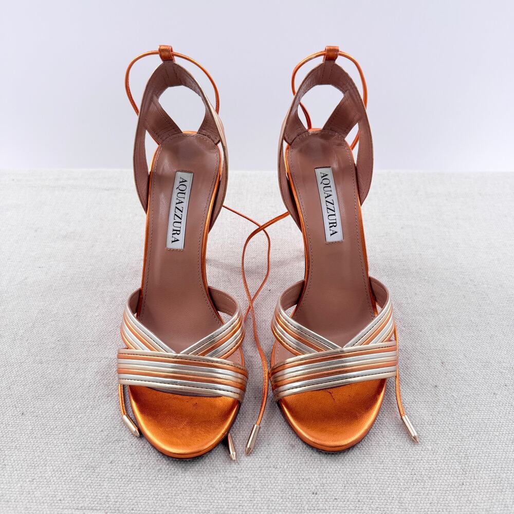 Aquazzura Metallic Leather Slip On Stilettos Wrap Sandals Orange Women's EU 36